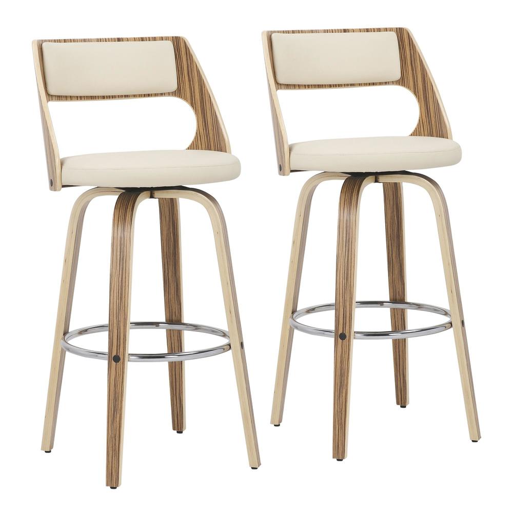 Zebra Wood, Cream PU, Chrome Cecina 30'' Fixed Height Barstool - Set of 2. Picture 1