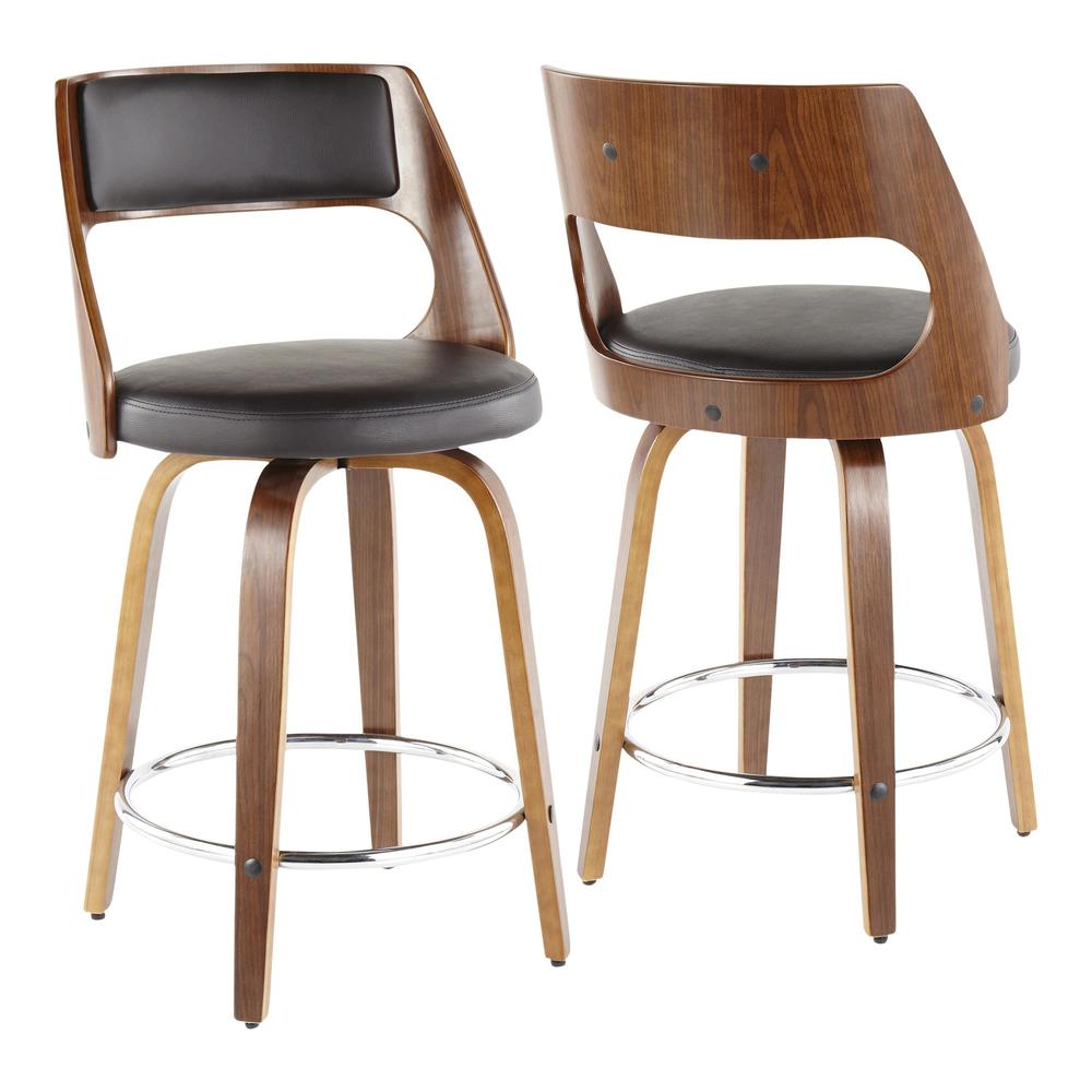 Walnut Wood, Brown PU, Chrome Cecina 24.5'' Counter Stool - Set of 2. Picture 3