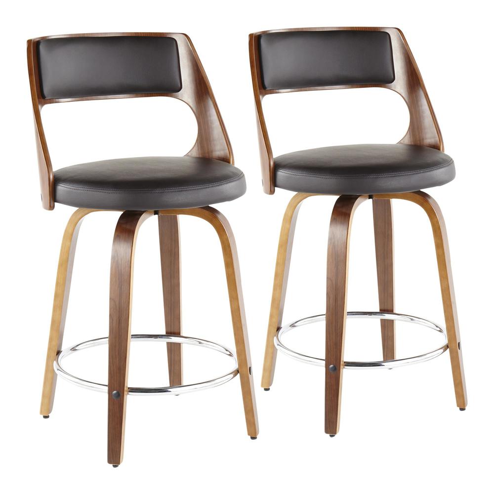 Walnut Wood, Brown PU, Chrome Cecina 24.5'' Counter Stool - Set of 2. Picture 1