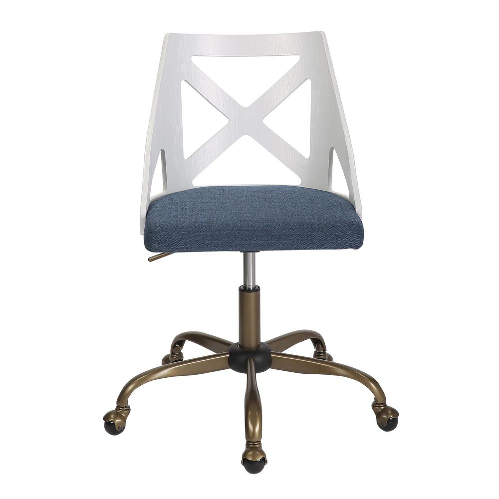 Antique Copper Metal, White Textured Wood, Blue Fabric Charlotte Task Chair. Picture 5