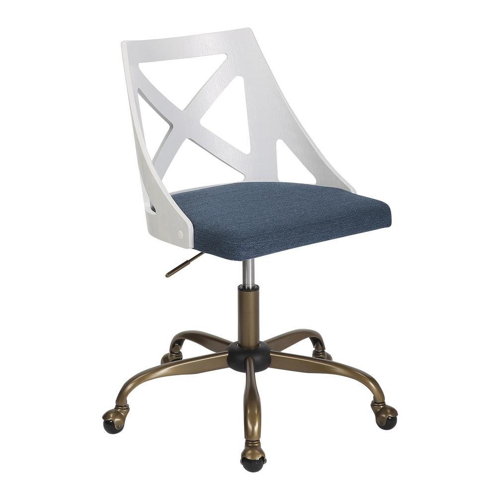 Antique Copper Metal, White Textured Wood, Blue Fabric Charlotte Task Chair. Picture 1