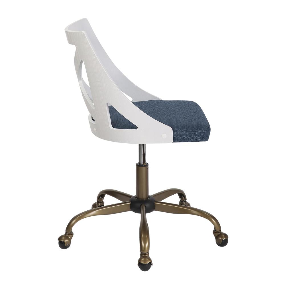 Antique Copper Metal, White Textured Wood, Blue Fabric Charlotte Task Chair. Picture 2
