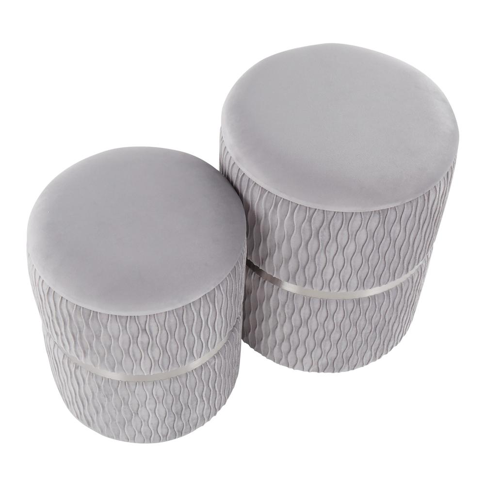 Chrome, Silver Velvet Cinch Nesting Ottoman Set. Picture 2