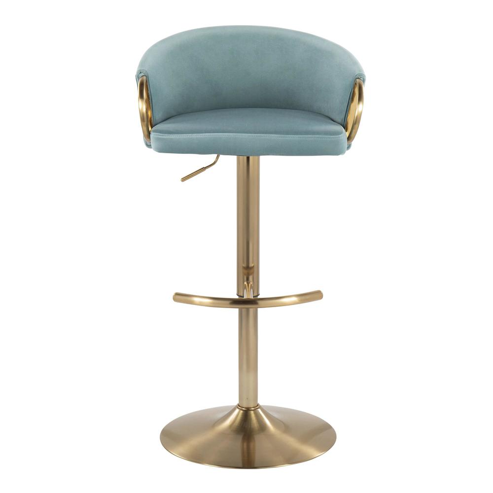 Gold Metal, Light Blue Velvet Claire Adjustable Bar Stool - Set of 2. Picture 6