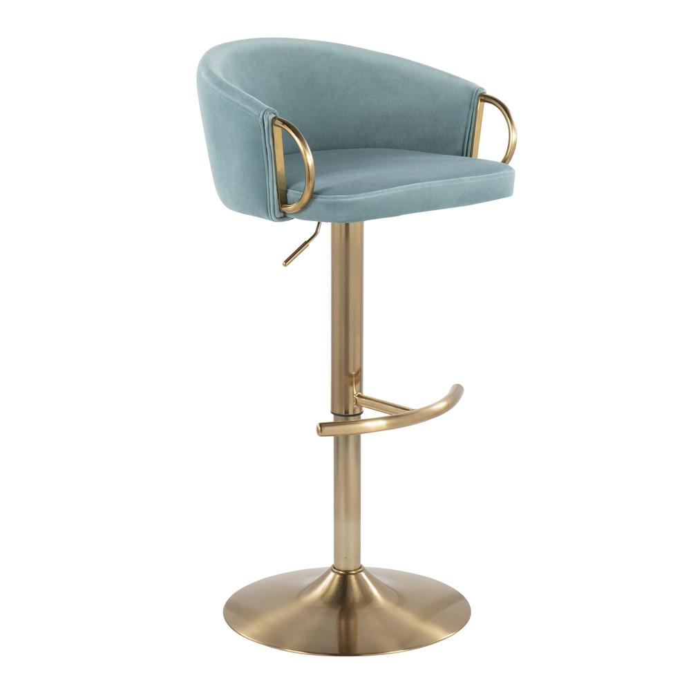 Gold Metal, Light Blue Velvet Claire Adjustable Bar Stool - Set of 2. Picture 2