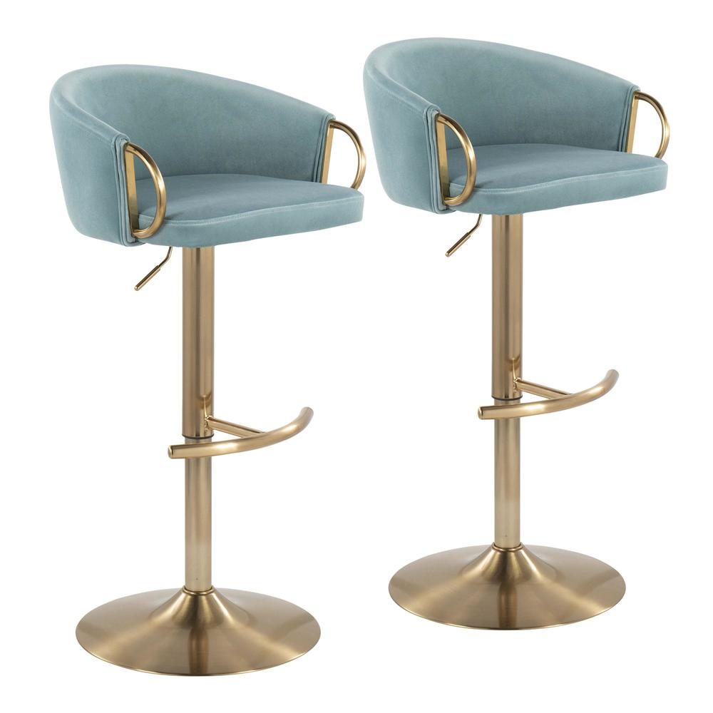 Gold Metal, Light Blue Velvet Claire Adjustable Bar Stool - Set of 2. Picture 1