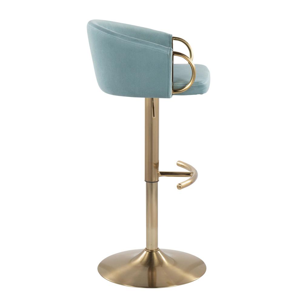 Gold Metal, Light Blue Velvet Claire Adjustable Bar Stool - Set of 2. Picture 3