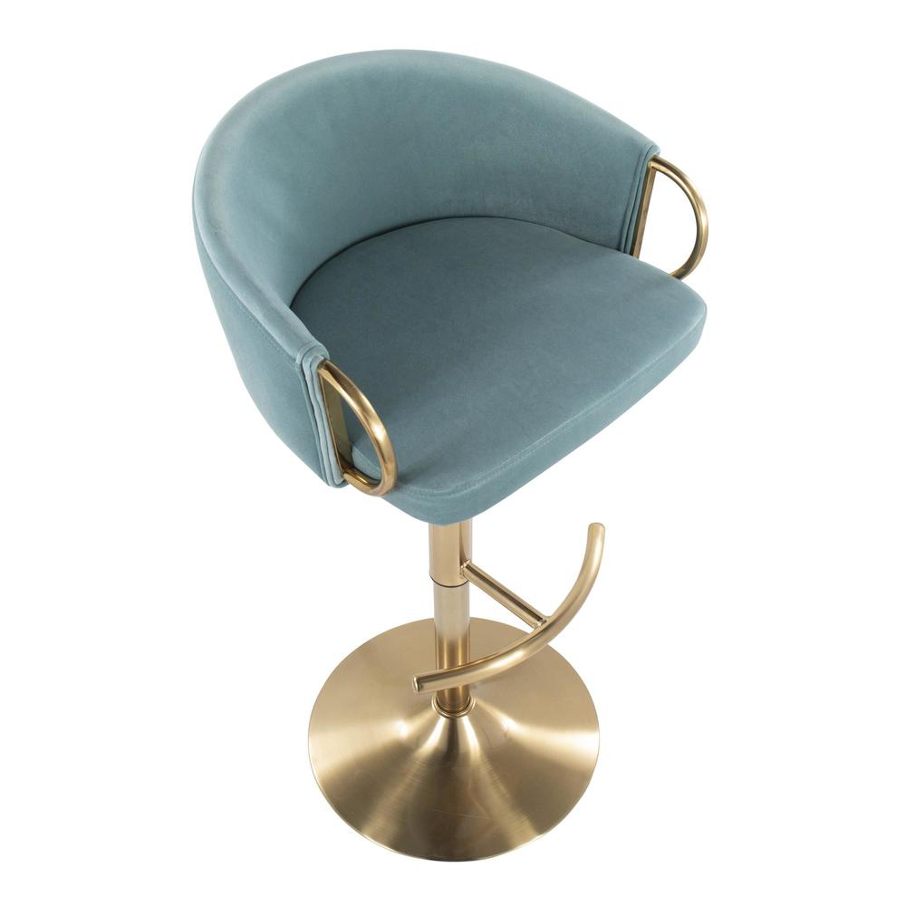 Gold Metal, Light Blue Velvet Claire Adjustable Bar Stool - Set of 2. Picture 7