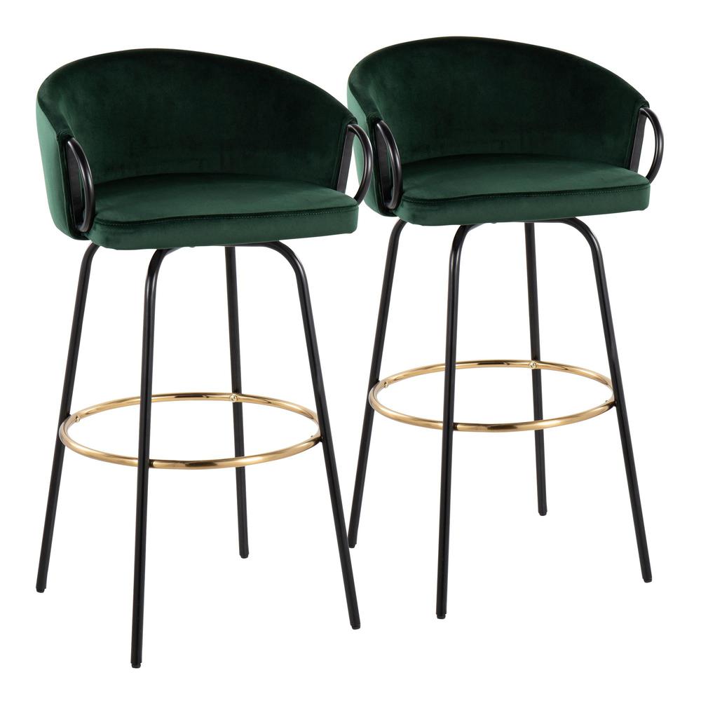 Black Metal, Gold Metal, Emerald Green Velvet Claire Barstool - Set of 2. Picture 1