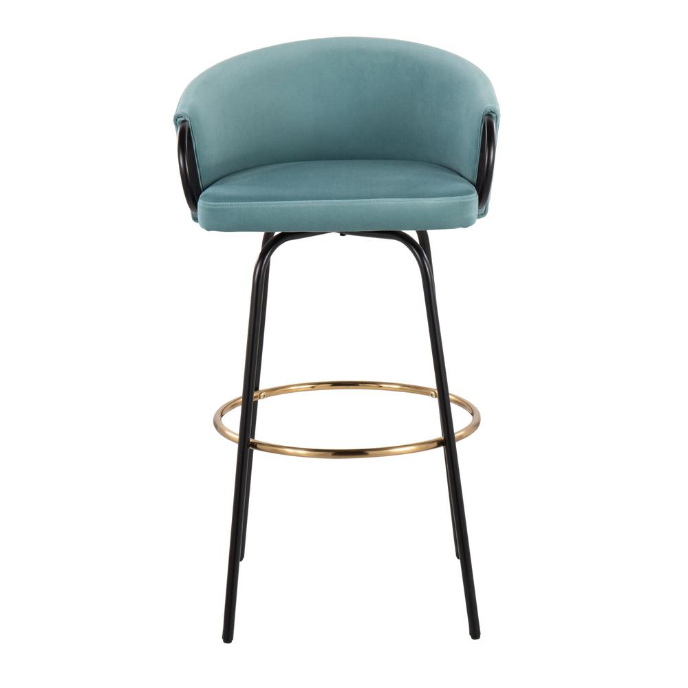 Black Metal, Gold Metal, Light Blue Velvet Claire Barstool - Set of 2. Picture 6