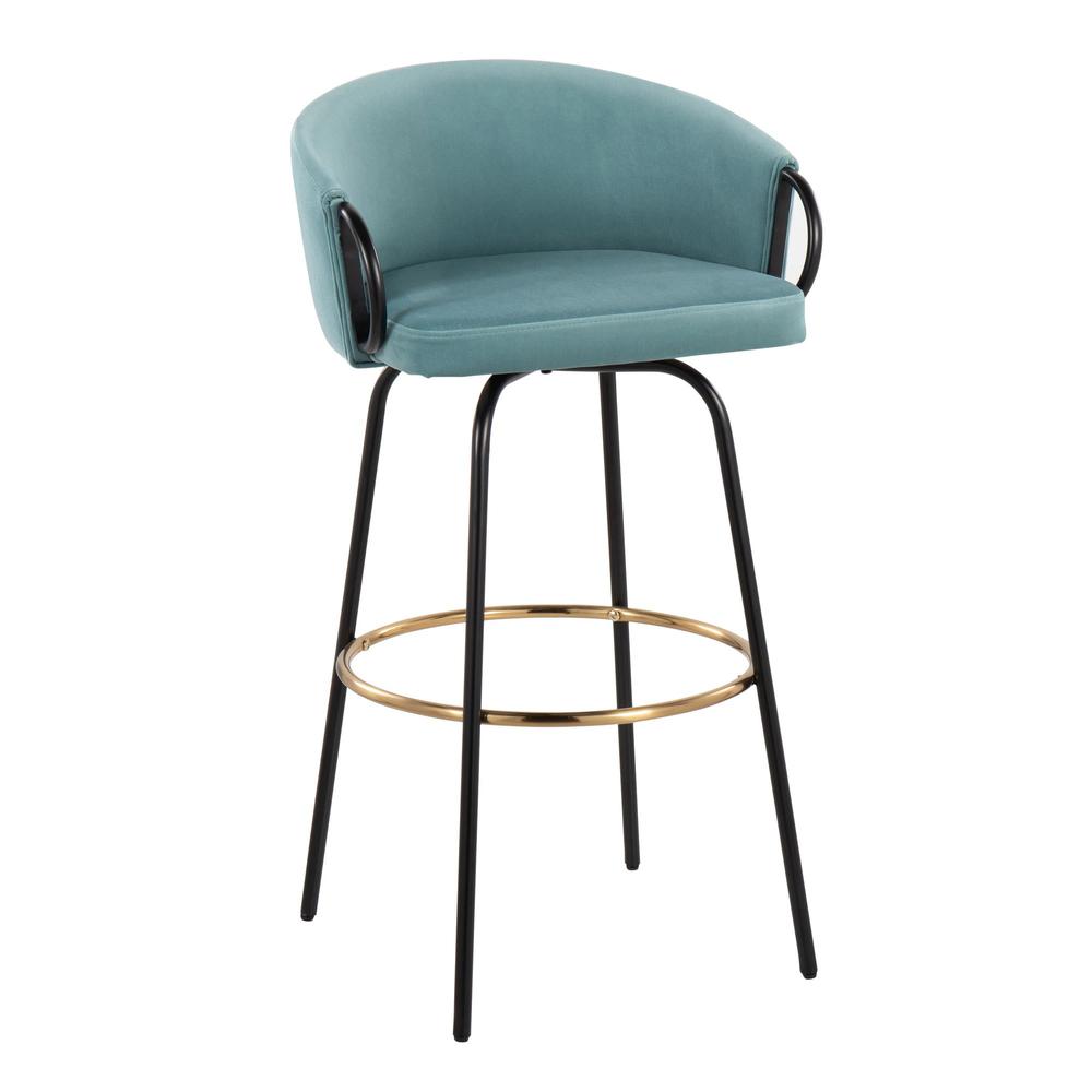 Black Metal, Gold Metal, Light Blue Velvet Claire Barstool - Set of 2. Picture 2