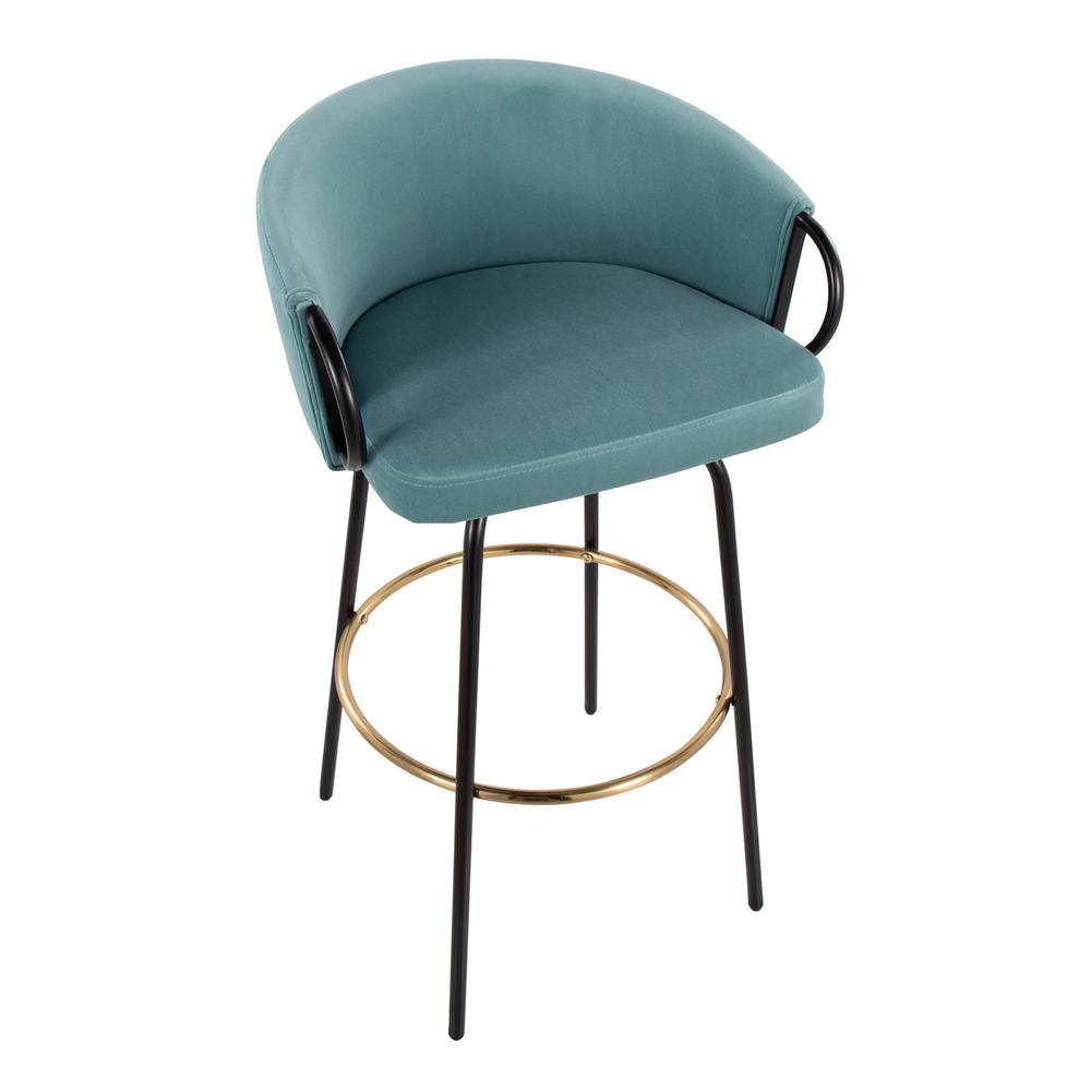 Black Metal, Gold Metal, Light Blue Velvet Claire Barstool - Set of 2. Picture 7