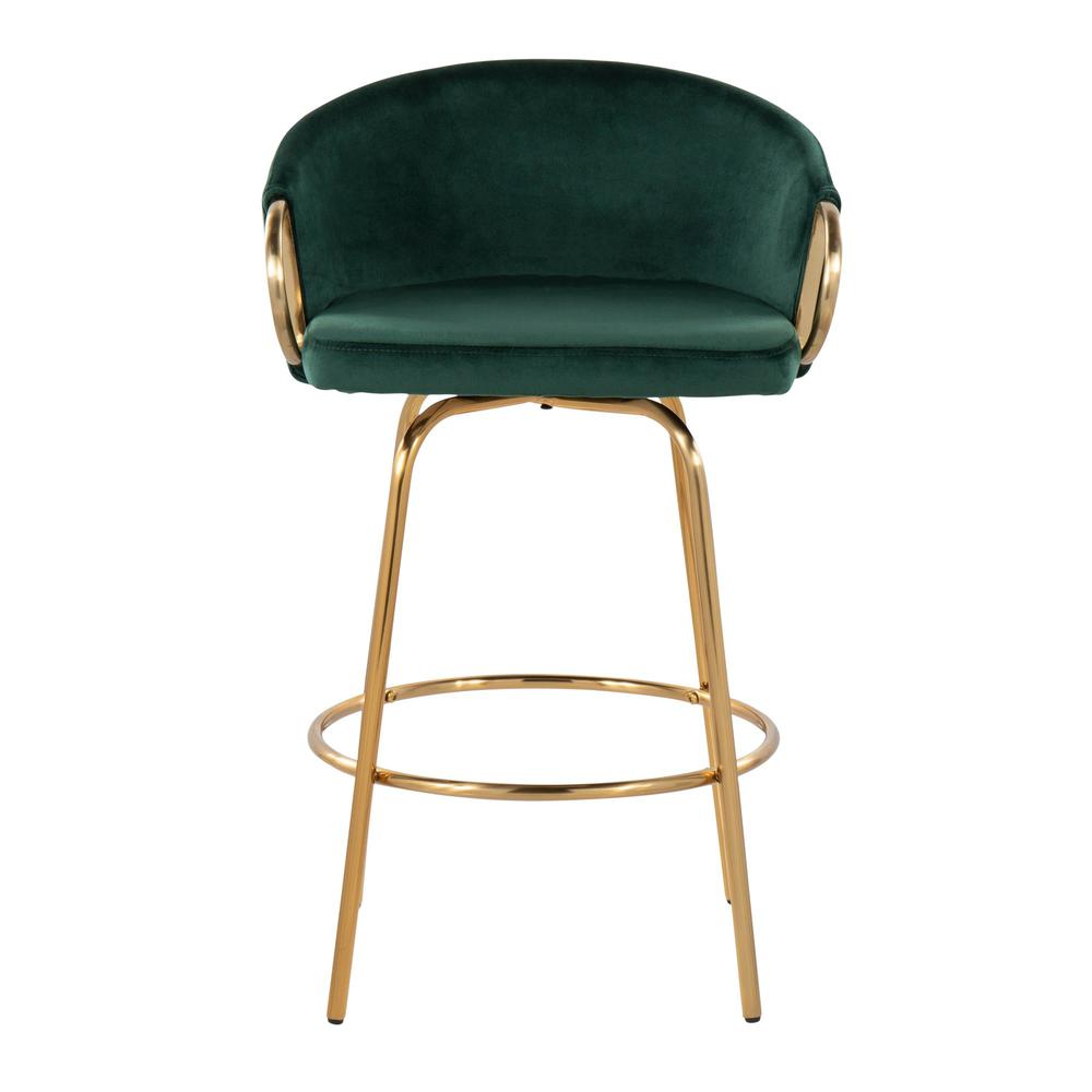 Gold Steel, Green Velvet Claire 26" Fixed Height Counter Stool - Set of 2. Picture 6