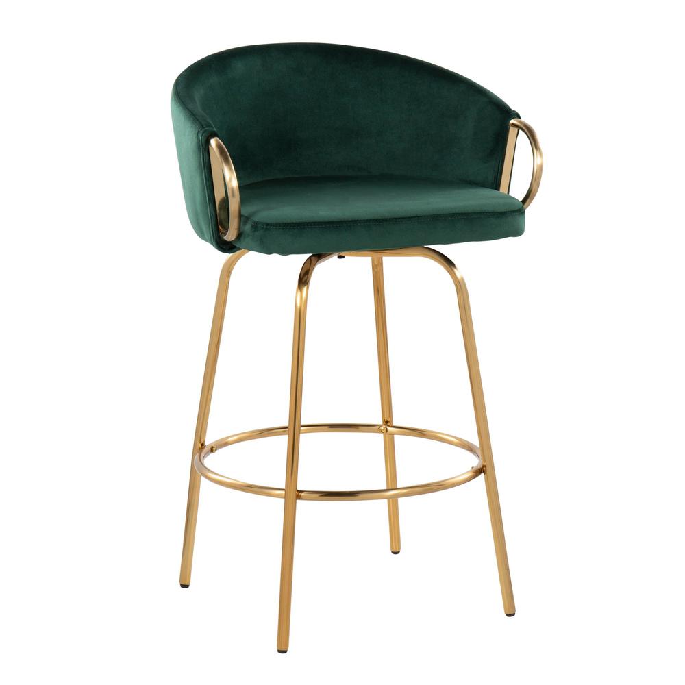 Gold Steel, Green Velvet Claire 26" Fixed Height Counter Stool - Set of 2. Picture 2