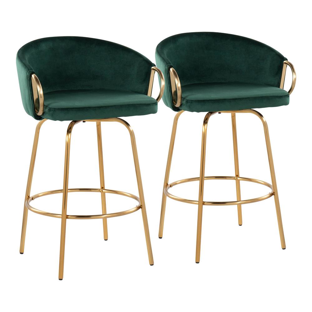 Gold Steel, Green Velvet Claire 26" Fixed Height Counter Stool - Set of 2. Picture 1