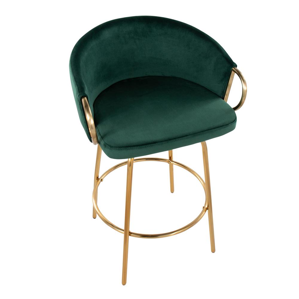 Gold Steel, Green Velvet Claire 26" Fixed Height Counter Stool - Set of 2. Picture 7