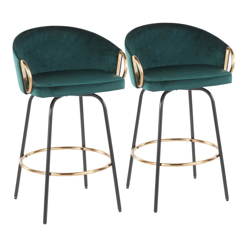Black Metal, Gold Metal, Emerald Green Velvet Claire Counter Stool - Set of 2. Picture 1