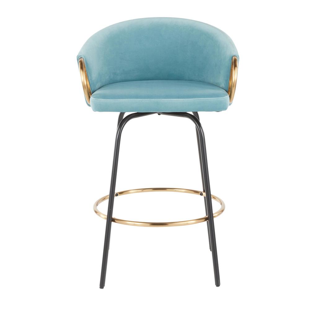 Black Metal, Gold Metal, Light Blue Velvet Claire Counter Stool - Set of 2. Picture 6