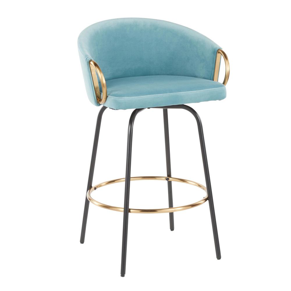Black Metal, Gold Metal, Light Blue Velvet Claire Counter Stool - Set of 2. Picture 2