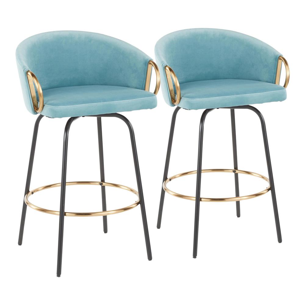 Black Metal, Gold Metal, Light Blue Velvet Claire Counter Stool - Set of 2. Picture 1