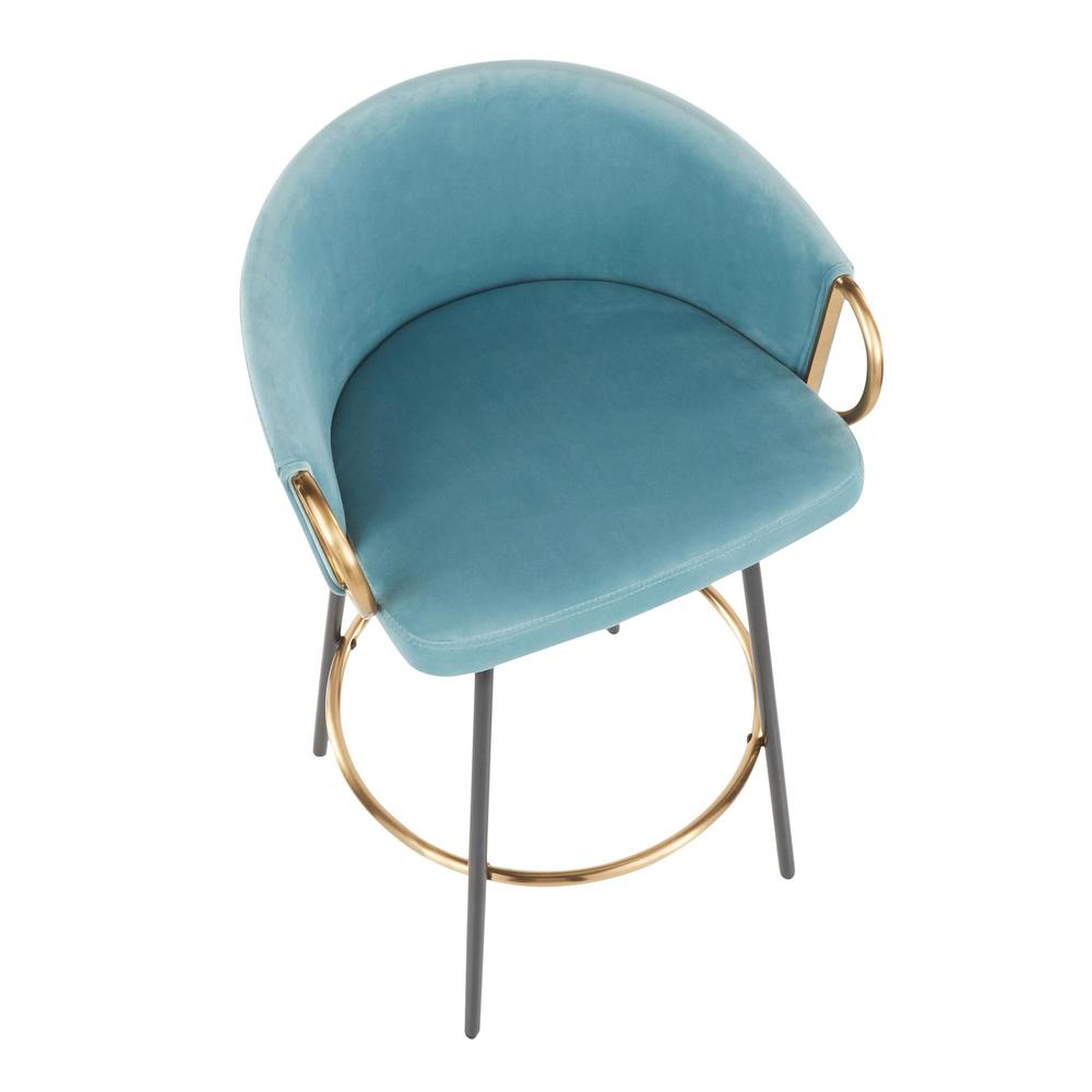 Black Metal, Gold Metal, Light Blue Velvet Claire Counter Stool - Set of 2. Picture 7