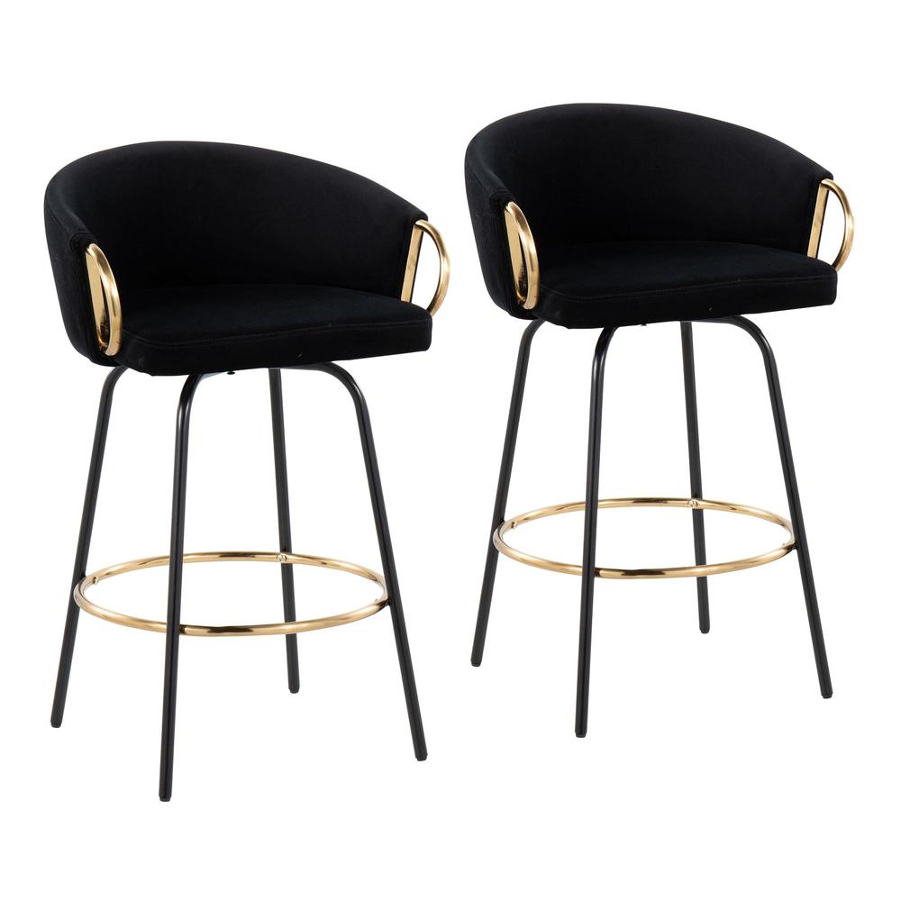 Black Metal, Gold Metal, Black Velvet Claire Counter Stool - Set of 2. Picture 1