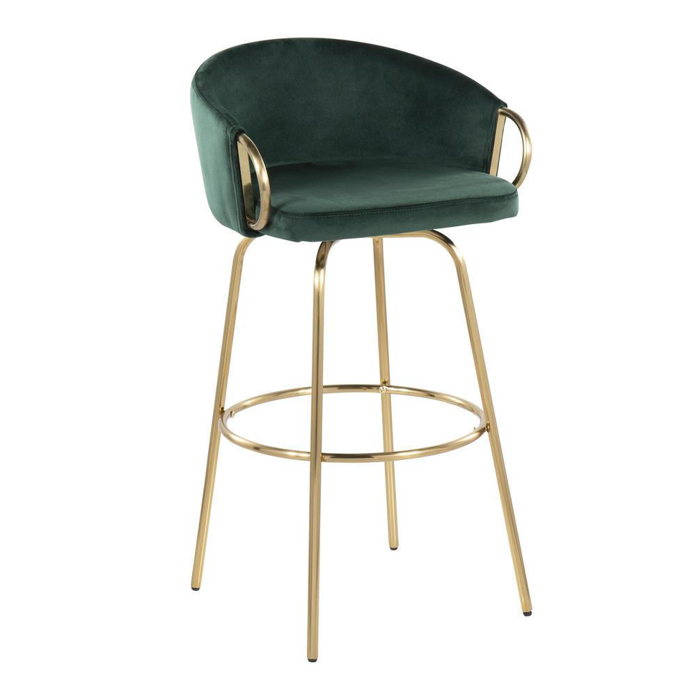 Gold Metal, Green Velvet Claire 30" Fixed-Height Bar Stool - Set of 2. Picture 2