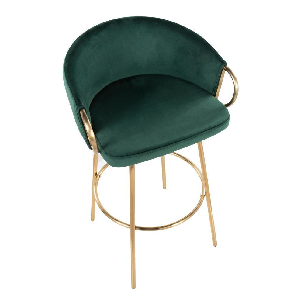 Gold Metal, Green Velvet Claire 30" Fixed-Height Bar Stool - Set of 2. Picture 7