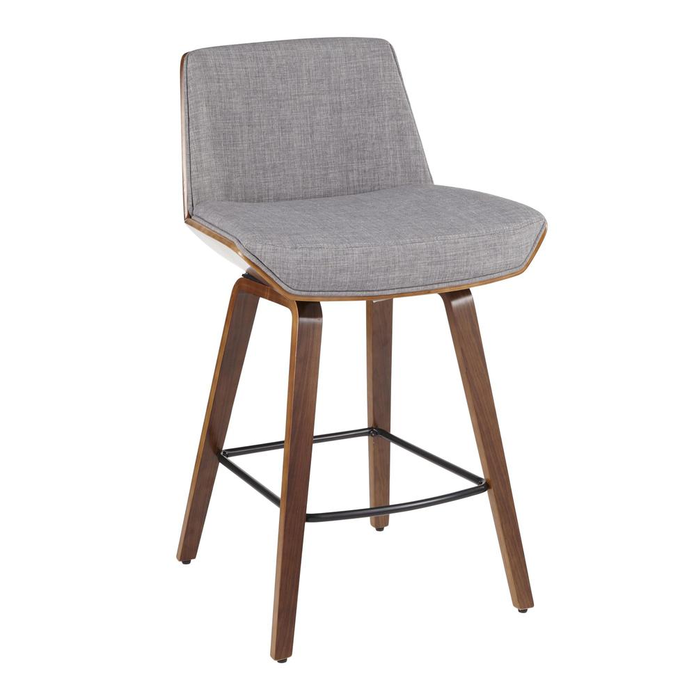 Walnut Wood, Light Grey Fabric, Black Metal Corazza Counter Stool. Picture 1