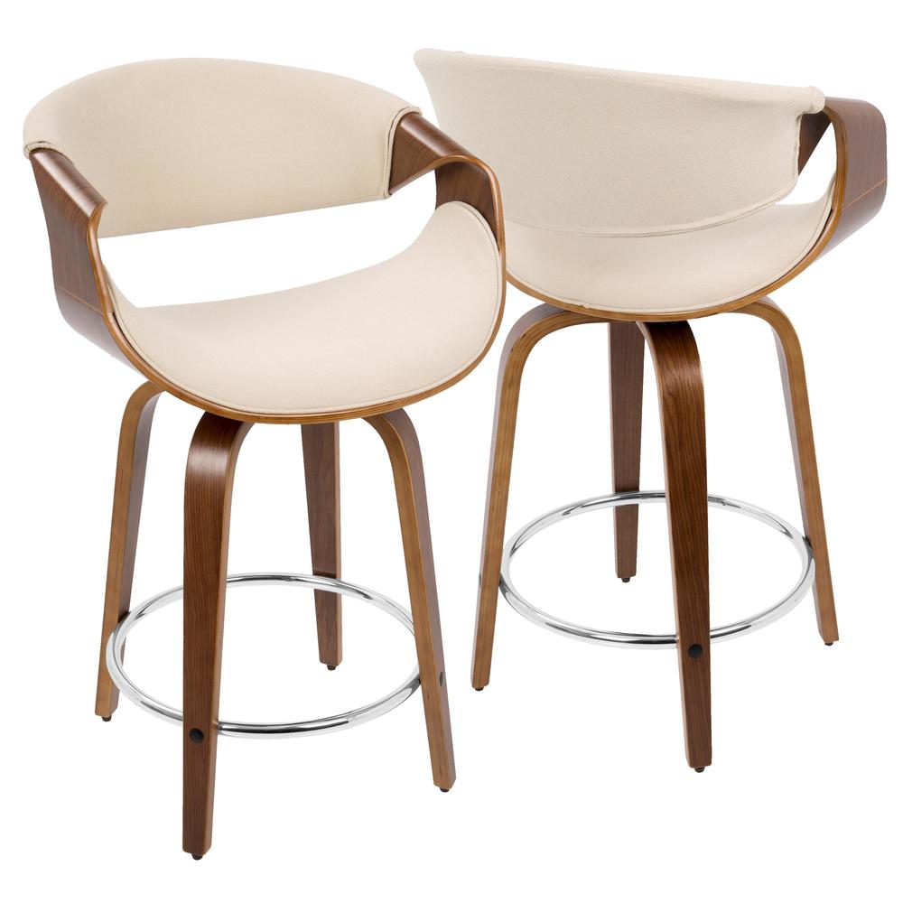 Walnut Wood, Cream Fabric, Chrome Curvini 24'' Counter Stool - Set of 2. Picture 1