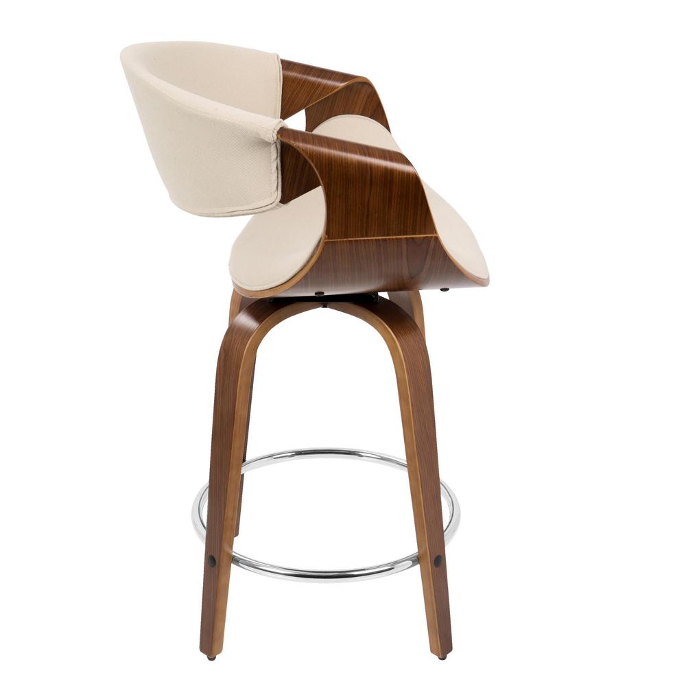 Walnut Wood, Cream Fabric, Chrome Curvini 24'' Counter Stool - Set of 2. Picture 3