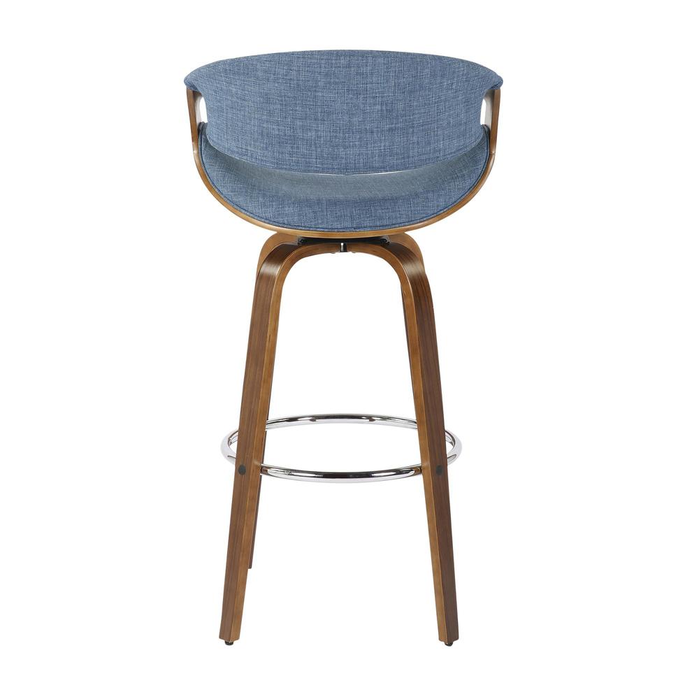 Walnut Wood, Blue Fabric, Chrome Curvini 30'' Barstool - Set of 2. Picture 5
