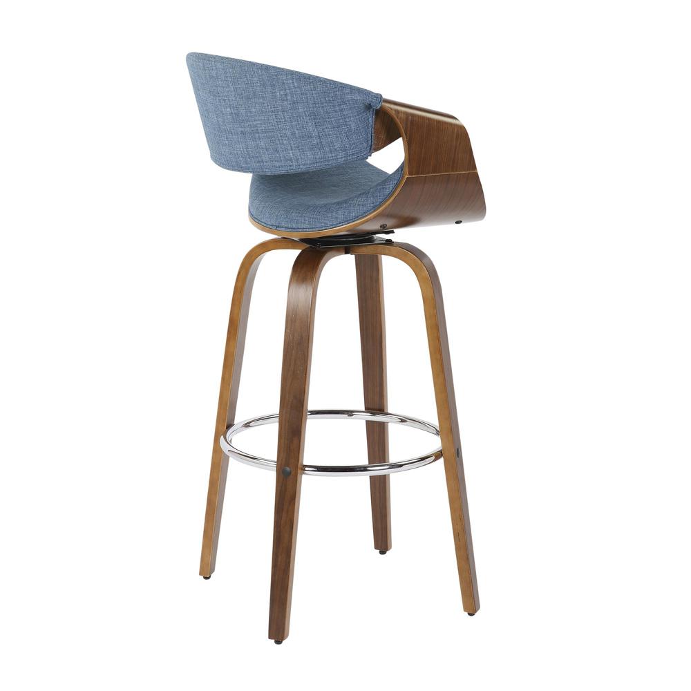 Walnut Wood, Blue Fabric, Chrome Curvini 30'' Barstool - Set of 2. Picture 4