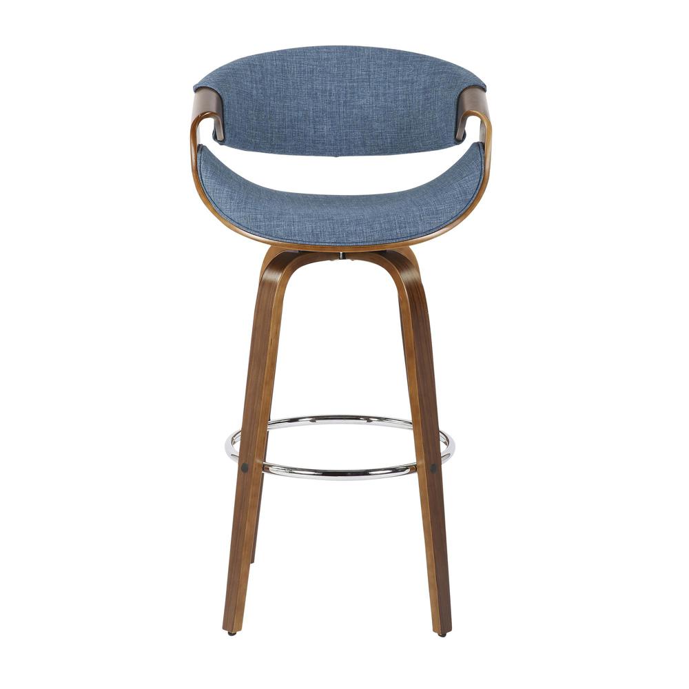 Walnut Wood, Blue Fabric, Chrome Curvini 30'' Barstool - Set of 2. Picture 6