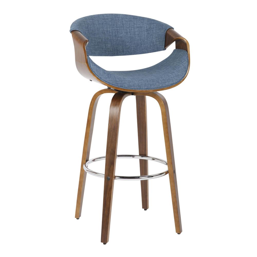 Walnut Wood, Blue Fabric, Chrome Curvini 30'' Barstool - Set of 2. Picture 2
