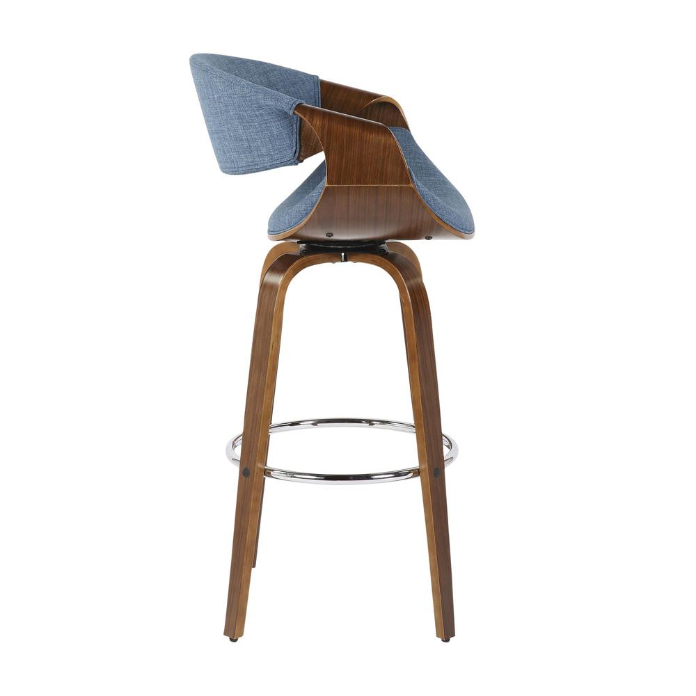 Walnut Wood, Blue Fabric, Chrome Curvini 30'' Barstool - Set of 2. Picture 3