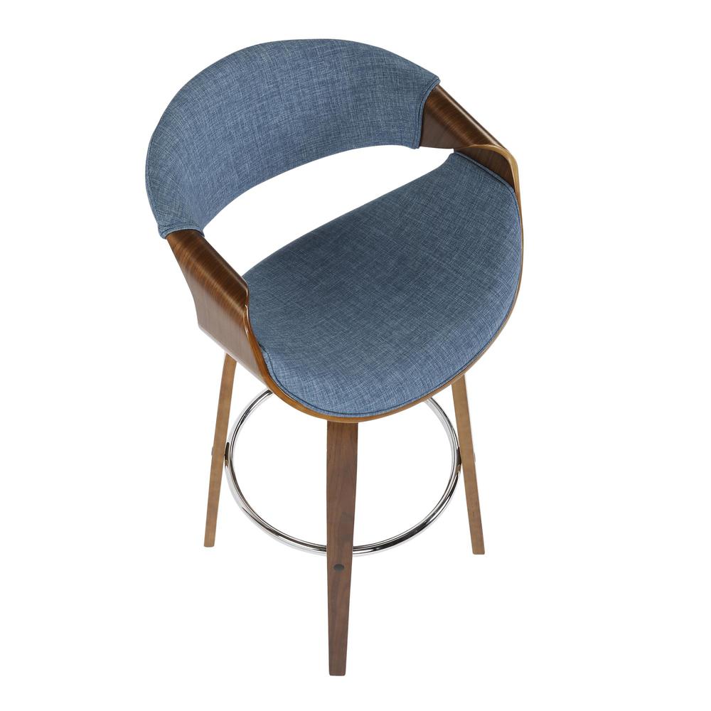 Walnut Wood, Blue Fabric, Chrome Curvini 30'' Barstool - Set of 2. Picture 7