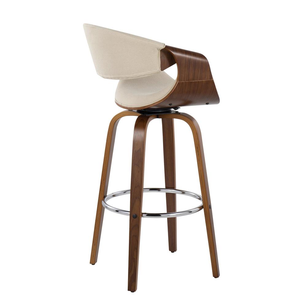 Walnut Wood, Cream Fabric, Chrome Curvini 30'' Fixed Height Barstool - Set of 2. Picture 8