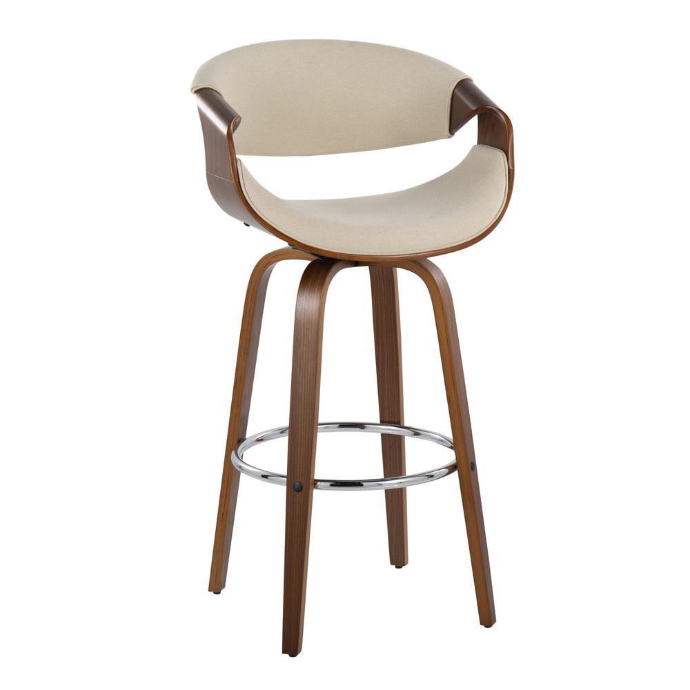 Walnut Wood, Cream Fabric, Chrome Curvini 30'' Fixed Height Barstool - Set of 2. Picture 3