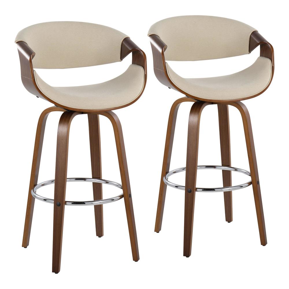Walnut Wood, Cream Fabric, Chrome Curvini 30'' Fixed Height Barstool - Set of 2. Picture 1