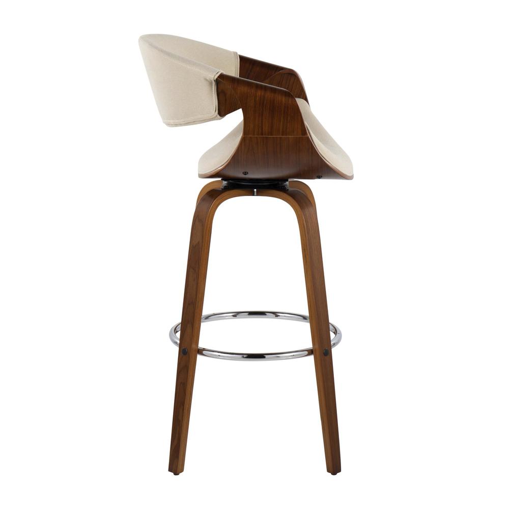 Walnut Wood, Cream Fabric, Chrome Curvini 30'' Fixed Height Barstool - Set of 2. Picture 6