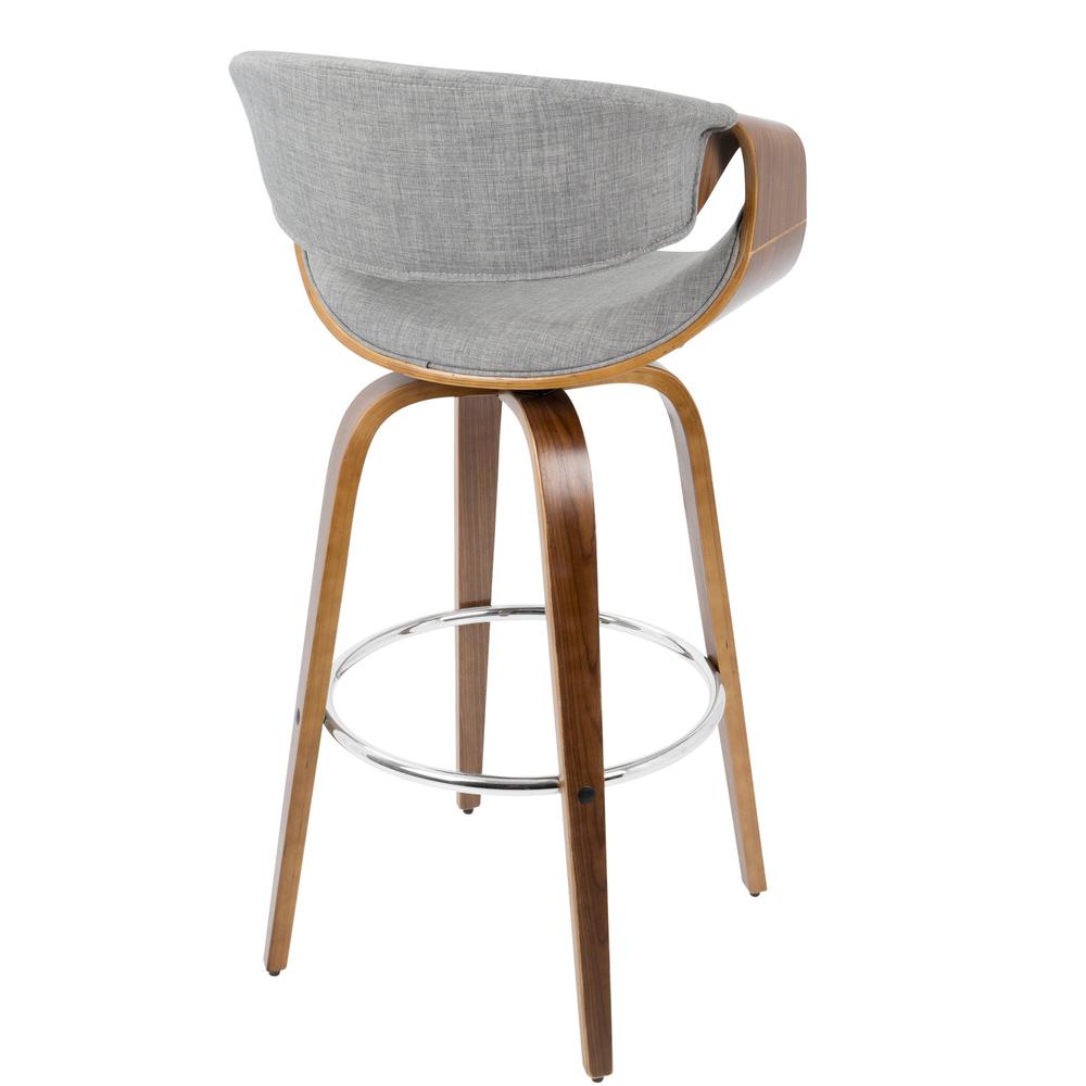 Walnut Wood, Grey Fabric, Chrome Curvini 30'' Fixed Height Barstool - Set of 2. Picture 5