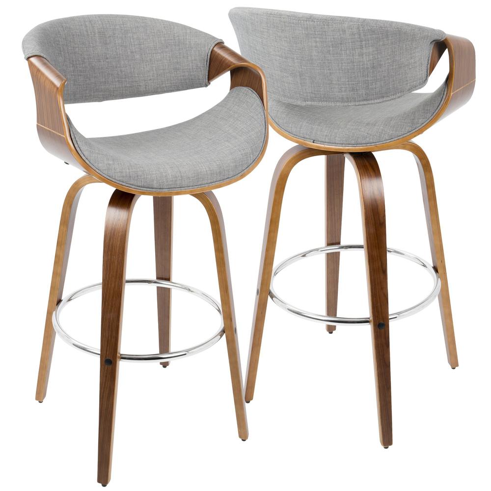 Walnut Wood, Grey Fabric, Chrome Curvini 30'' Fixed Height Barstool - Set of 2. Picture 2