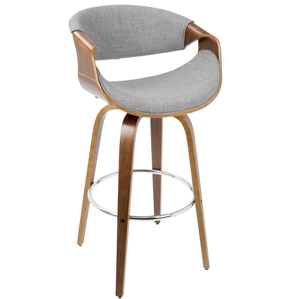 Walnut Wood, Grey Fabric, Chrome Curvini 30'' Fixed Height Barstool - Set of 2. Picture 3