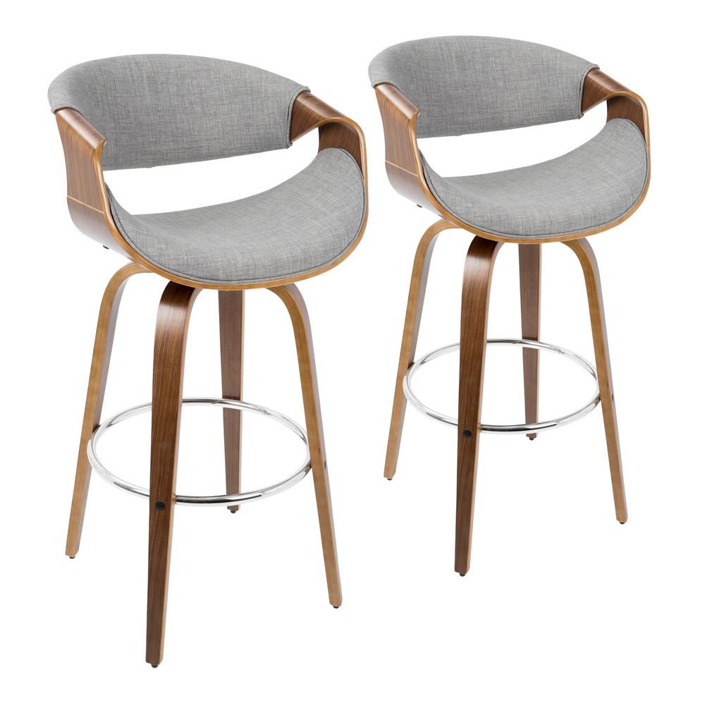 Walnut Wood, Grey Fabric, Chrome Curvini 30'' Fixed Height Barstool - Set of 2. Picture 1