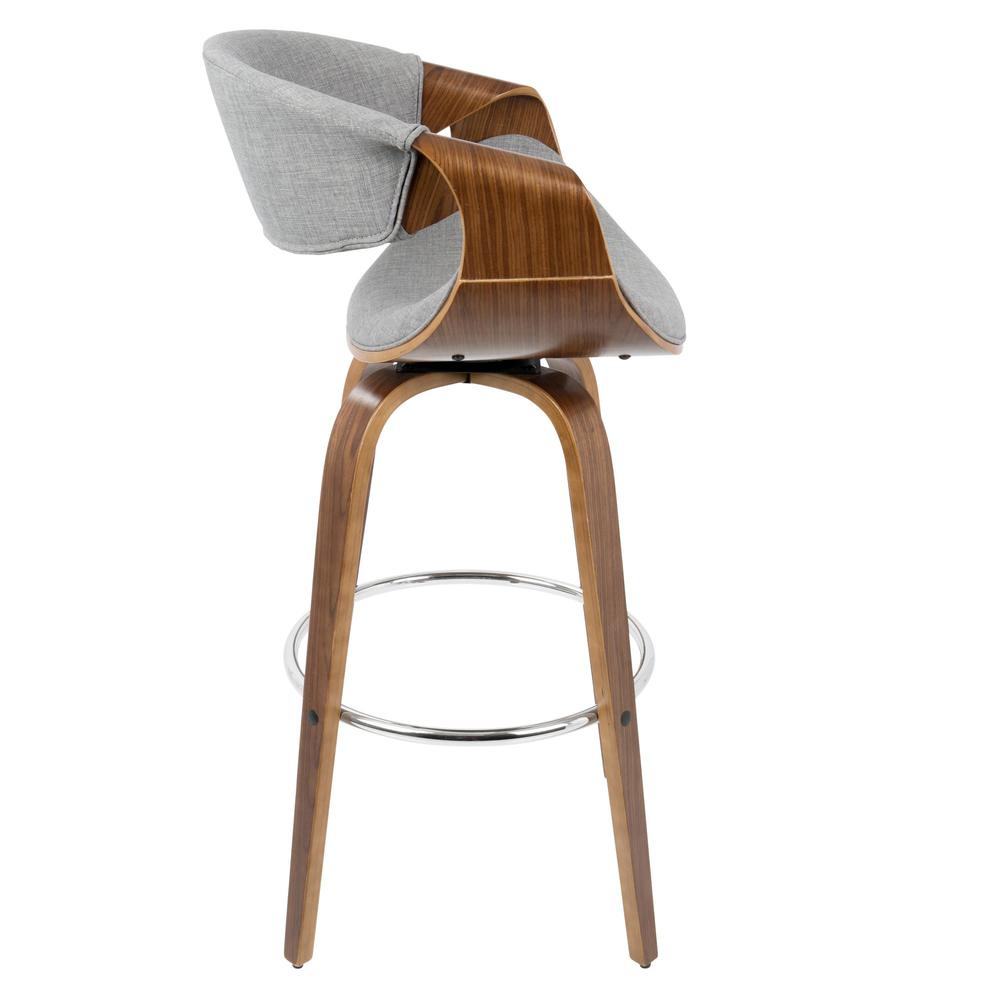 Walnut Wood, Grey Fabric, Chrome Curvini 30'' Fixed Height Barstool - Set of 2. Picture 4
