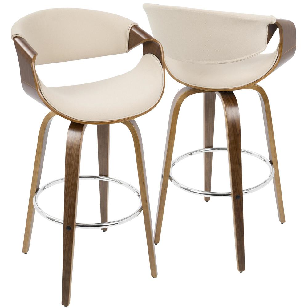 Walnut Wood, Cream Fabric, Chrome Curvini 30'' Fixed Height Barstool - Set of 2. Picture 4
