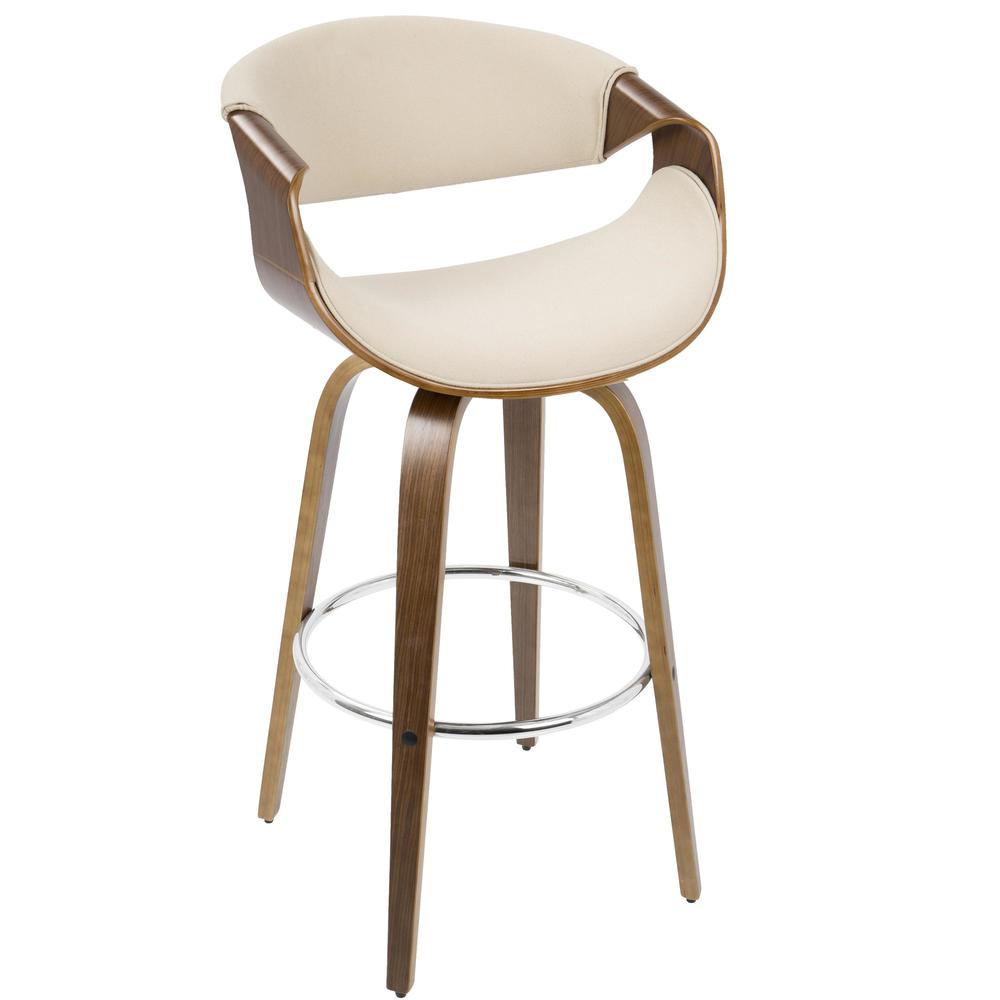 Walnut Wood, Cream Fabric, Chrome Curvini 30'' Fixed Height Barstool - Set of 2. Picture 5