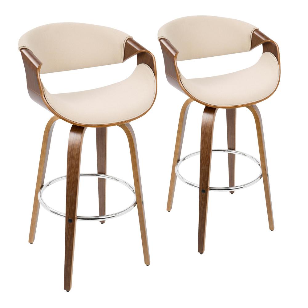 Walnut Wood, Cream Fabric, Chrome Curvini 30'' Fixed Height Barstool - Set of 2. Picture 2