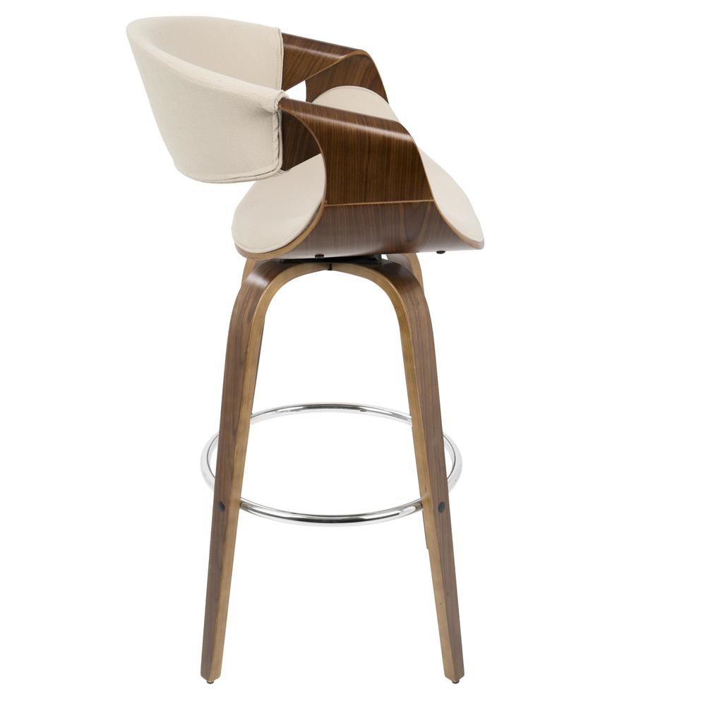 Walnut Wood, Cream Fabric, Chrome Curvini 30'' Fixed Height Barstool - Set of 2. Picture 7